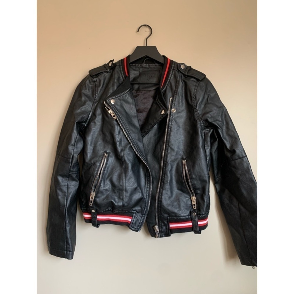 BLANKNYC Faux Leather Jacket with Red Stripe Detailing